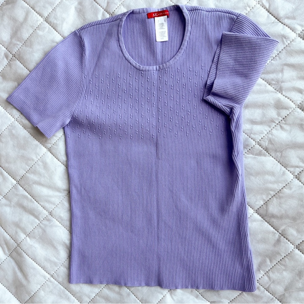 Anne Klein Purple Violet Lilac Ribbed Knit Shortsleeved Top Women Size L Spring
